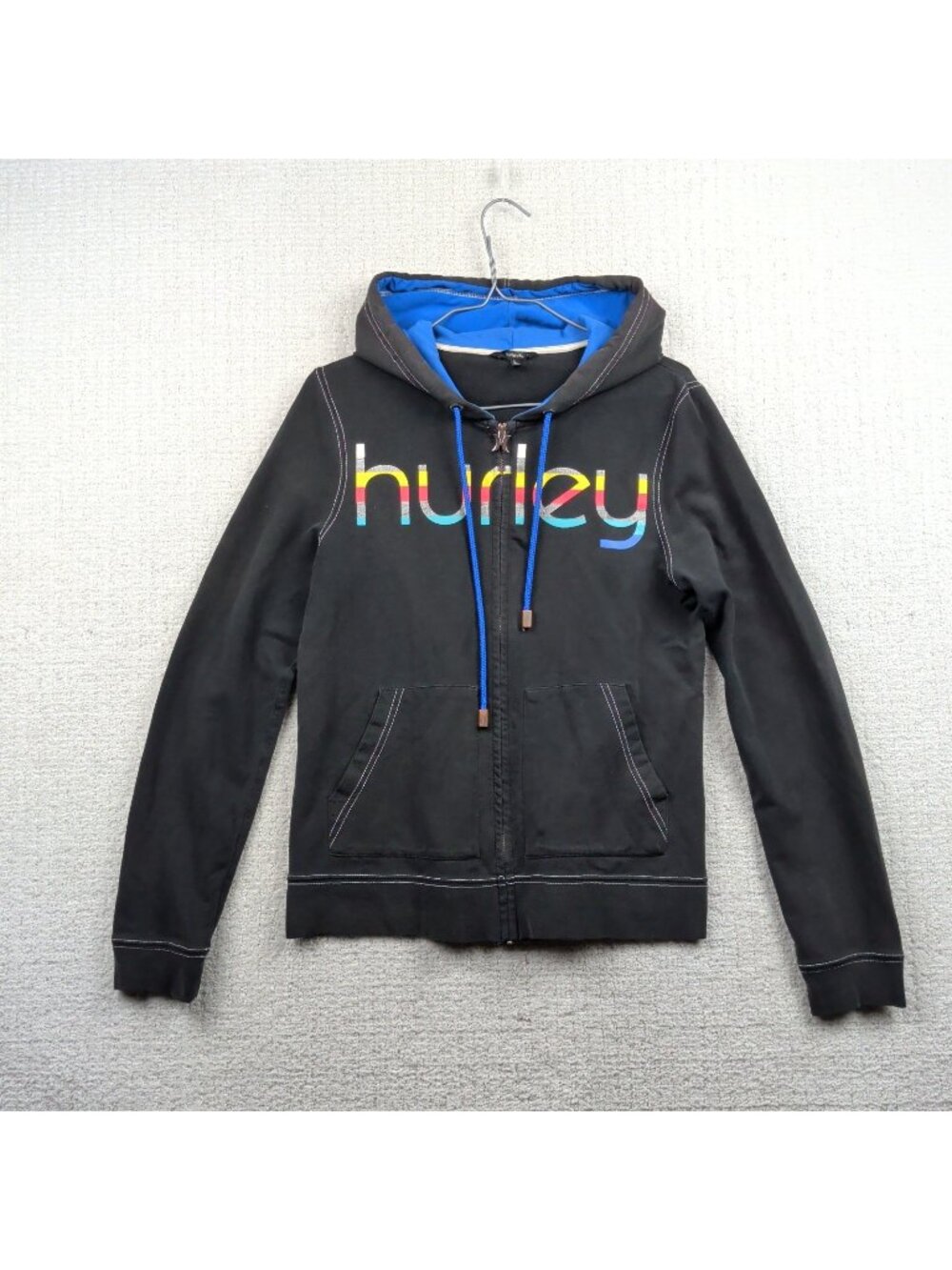 Y2K Hurley Full Zip Hoodie Rasta Script Spell Out Black Surfer Skate 2000s Sz L*